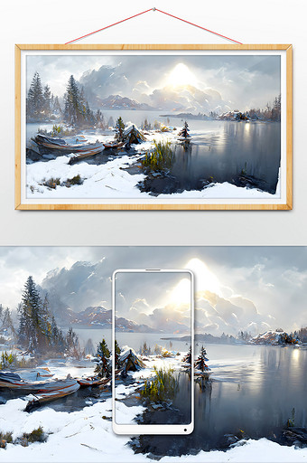 冬天冰雪覆盖森林湖面数字艺术图片