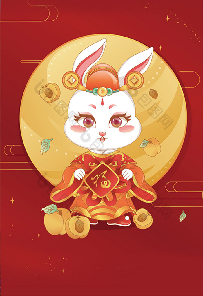 红色喜庆中国风月兔送杏福插画