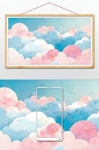 粉色蓝绿色天空白云数字艺术图片