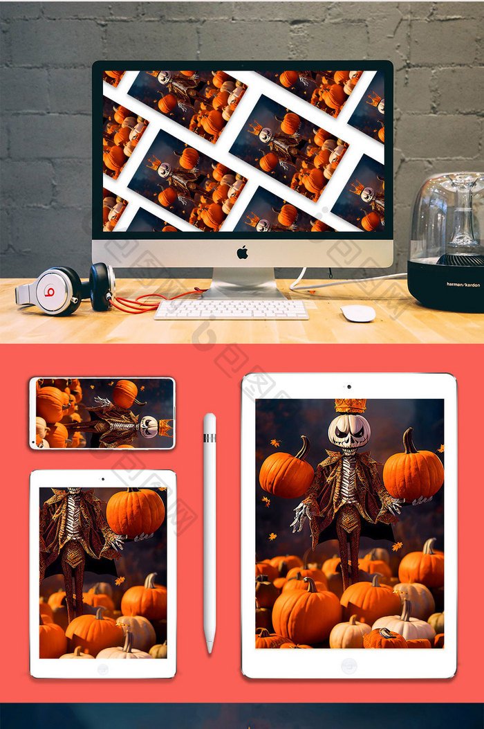万圣节南瓜骷髅王数字艺术插画