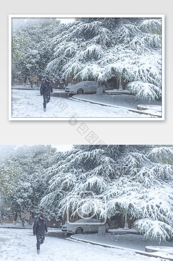 下雪雪天行走的路人和雪景图片图片