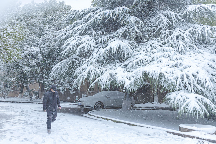 下雪雪天行走的路人和雪景图片