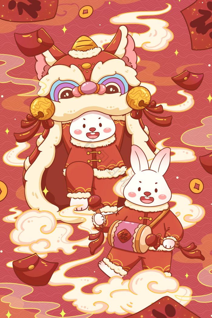 2023兔年舞狮新年插画图片-包图网
