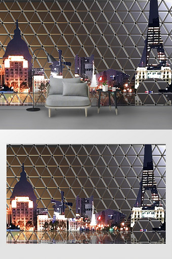 金属质感几何巴黎铁塔城市背景墙图片