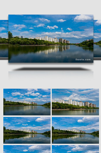 夏季城市河流蓝天白云延时实拍图片