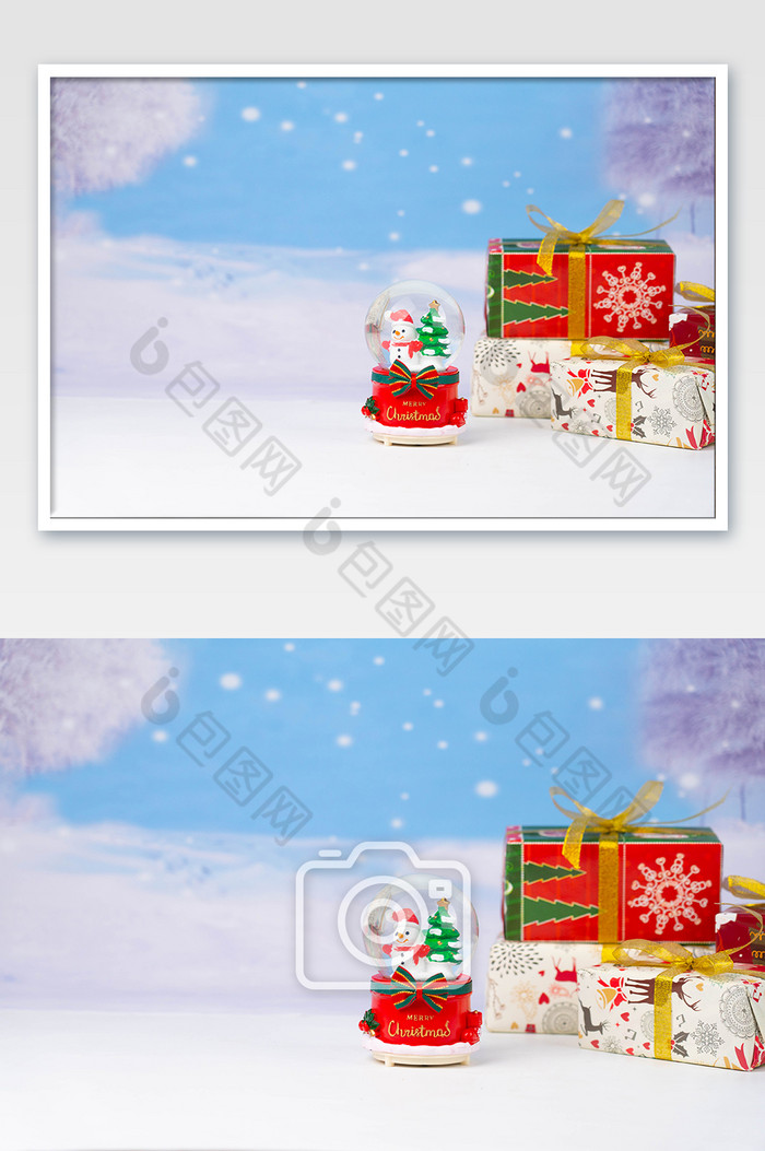 圣诞节雪景礼物盒水晶球圣诞树图片图片