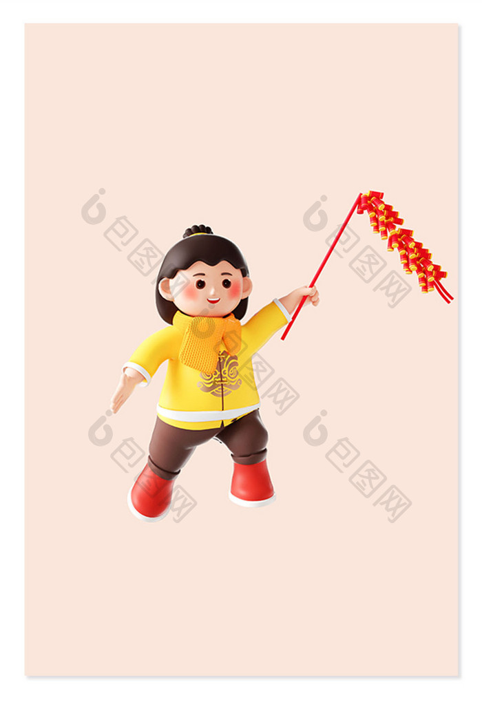 新年春节3D福娃人物放鞭炮