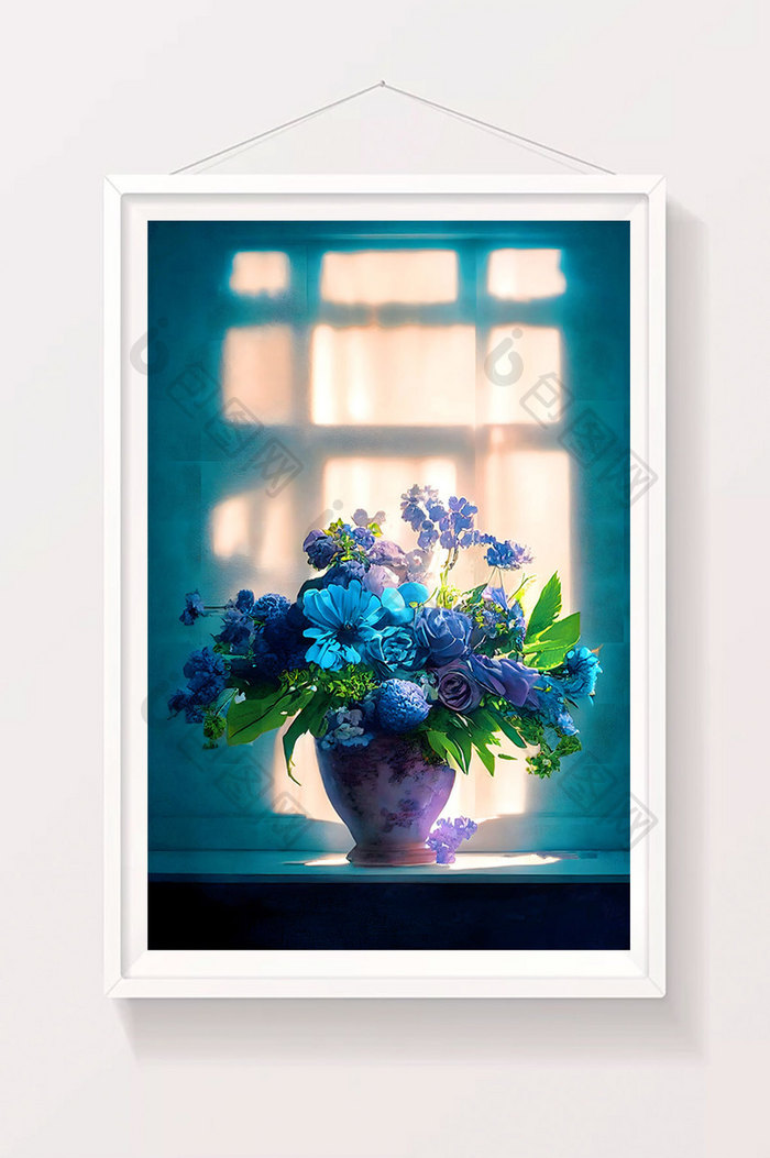 窗台蓝紫花朵盆栽数字艺术插画