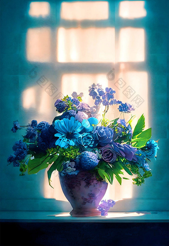 窗台蓝紫花朵盆栽数字艺术插画