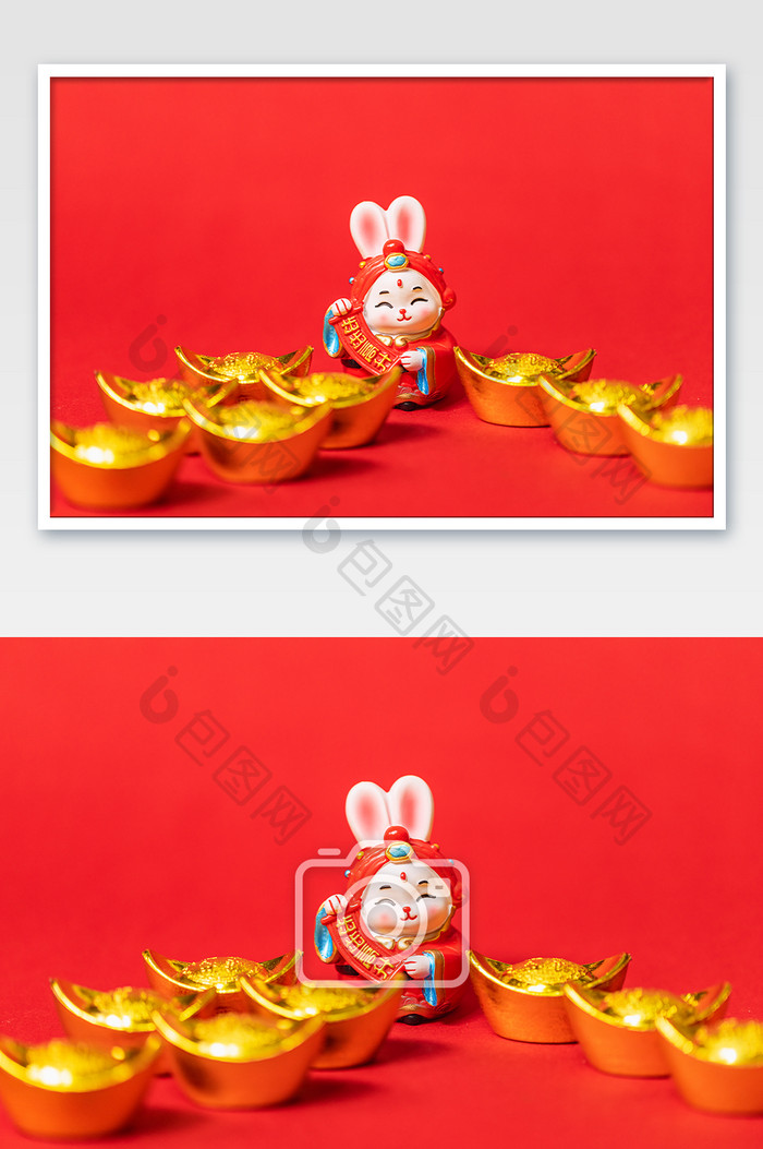兔年春节恭喜发财红色背景摄影图