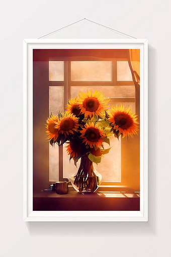 窗台向日葵花朵盆栽数字艺术插画图片
