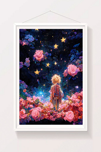 小王子星空玫瑰数字艺术插画图片