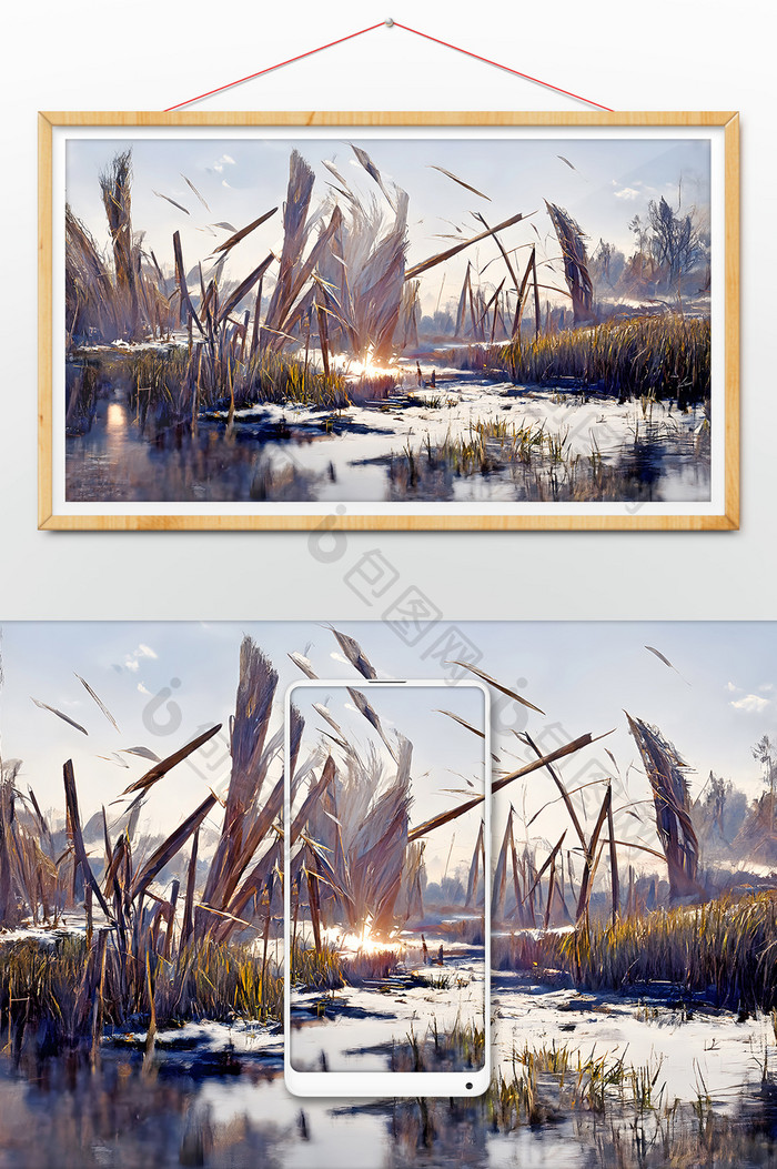 白色芦苇湿地冬天风景数字艺术