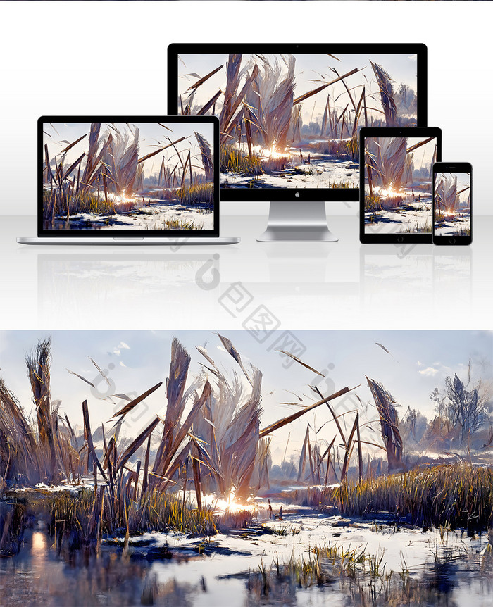 白色芦苇湿地冬天风景数字艺术