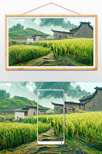 绿色麦田中国乡村风景数字艺术图片