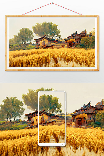 金色麦田中国乡村建筑数字艺术图片