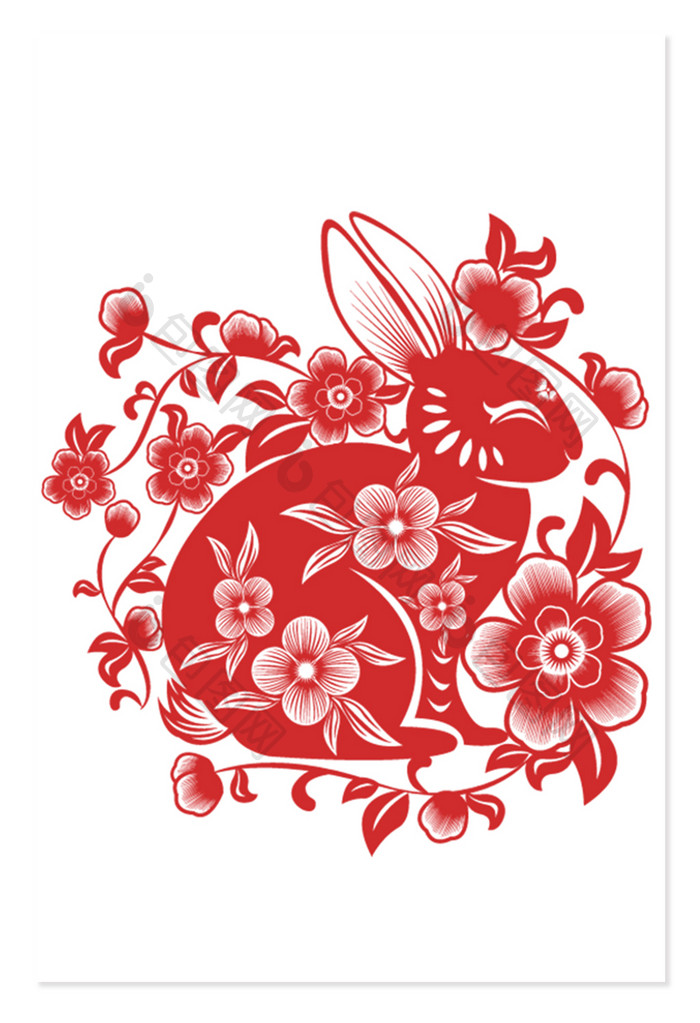 新年兔年春节窗花剪纸花卉AI