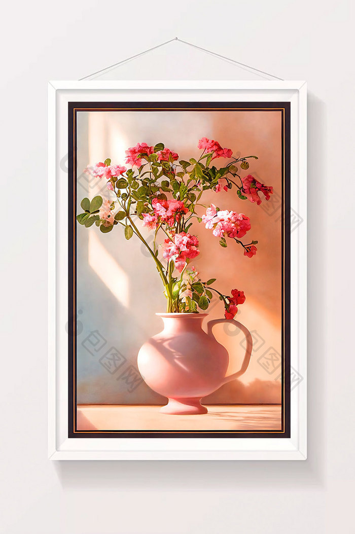 窗台粉色花朵盆栽数字艺术插画