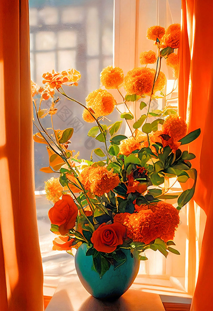 橙色花朵窗台盆栽数字艺术插画