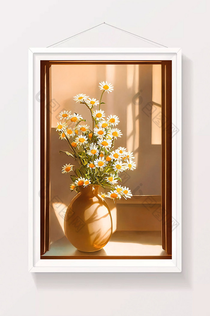 窗台小雏菊白色花朵盆栽数字艺术