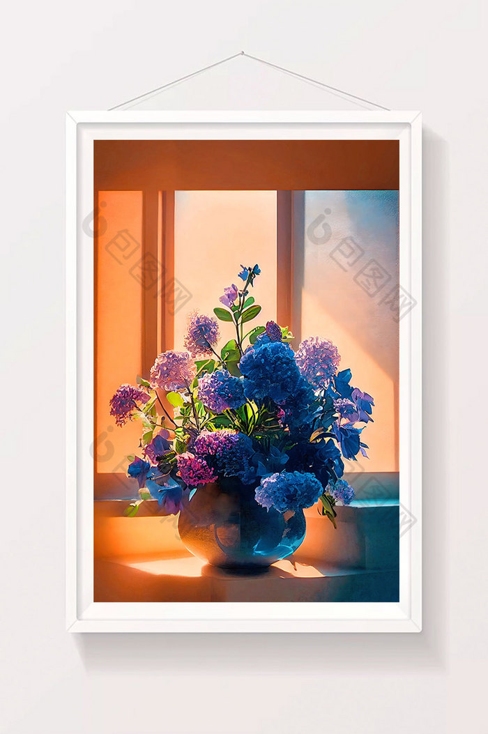 窗前蓝紫花朵盆栽数字艺术插画