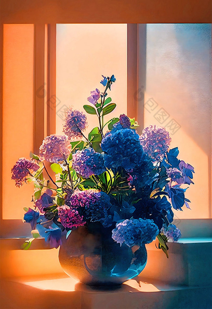 窗前蓝紫花朵盆栽数字艺术插画