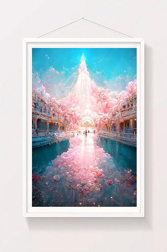 粉色梦幻水晶宫殿数字艺术插画图片