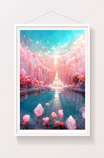 粉色水晶梦幻宫殿数字艺术插画图片