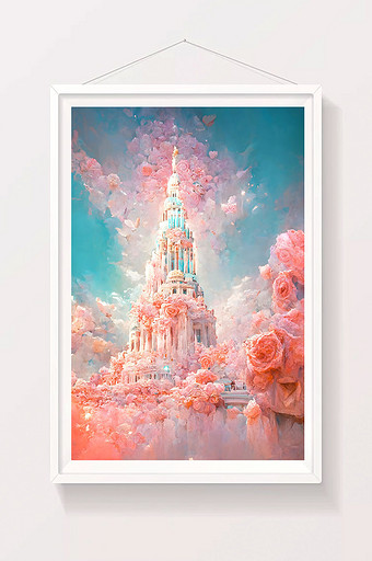 粉色浪漫水晶宫殿数字艺术插画图片
