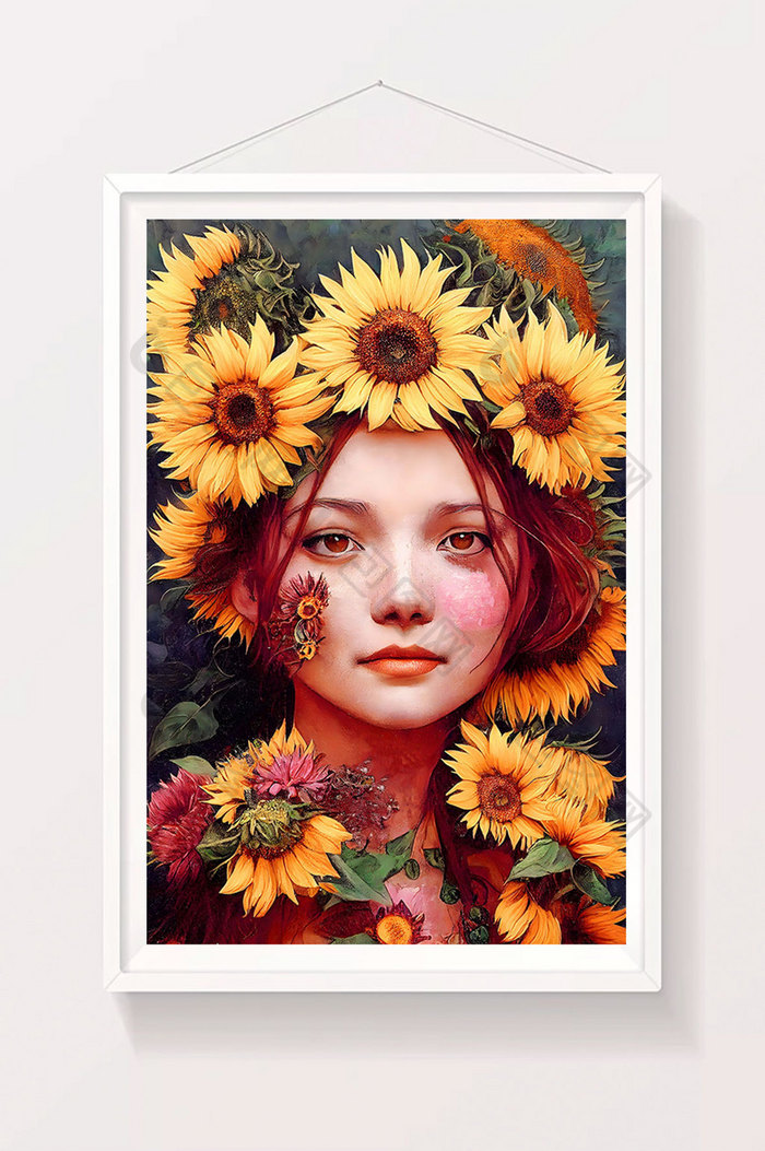 向日葵围绕女孩花朵数字艺术插画图片图片