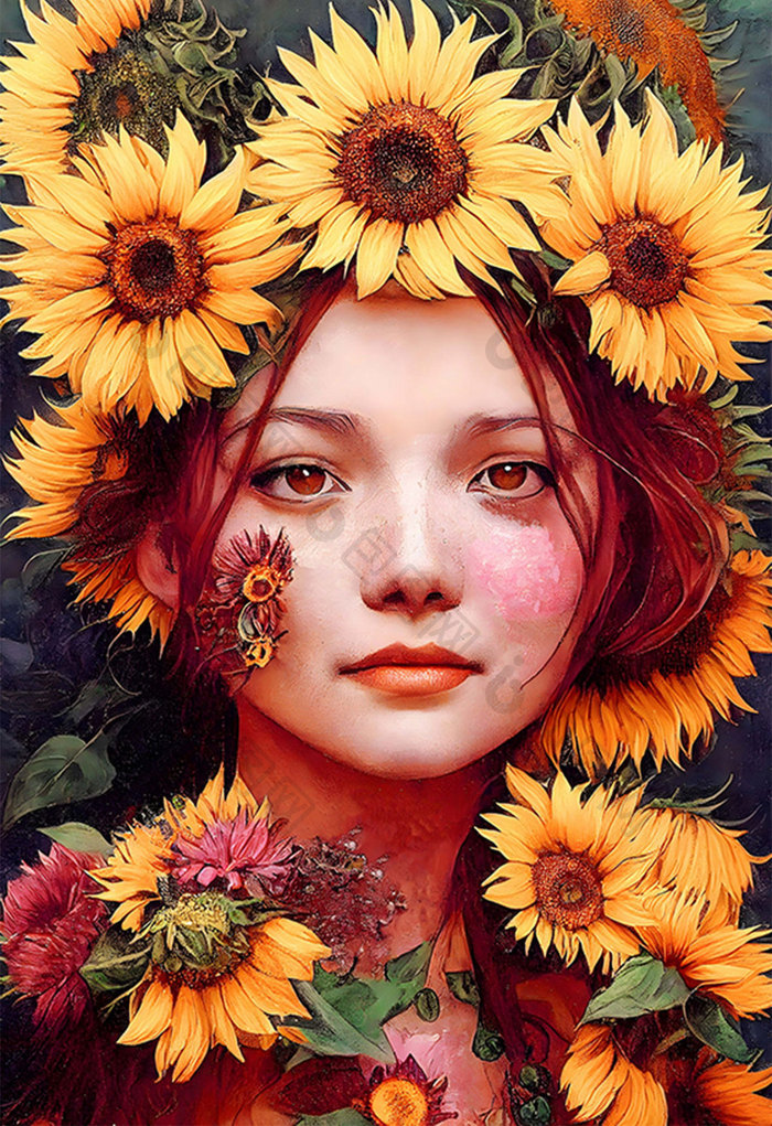 向日葵围绕女孩花朵数字艺术插画