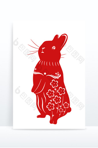 传统中国风兔年兔子剪纸红色花朵图片