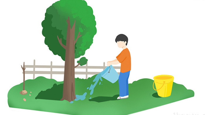 易用卡通mg动画男孩拎水桶浇树