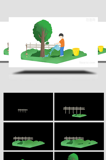 易用卡通mg动画男孩拎水桶浇树图片
