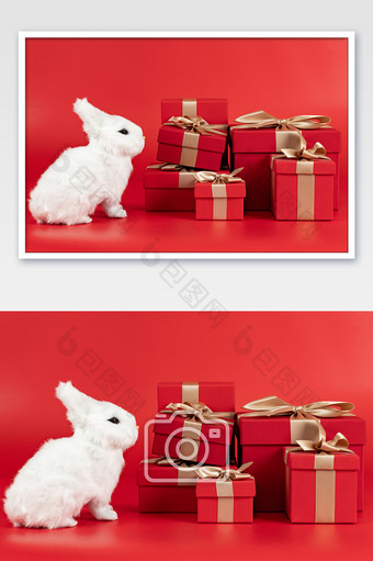 兔年春节新年礼物盒装饰盒摄影图图片
