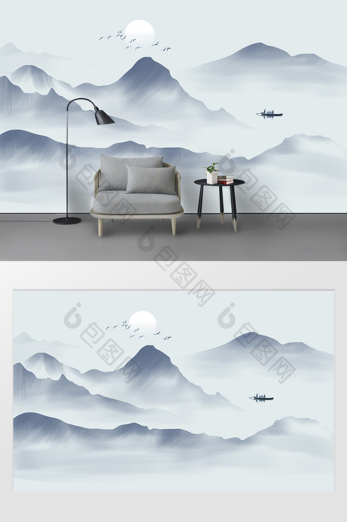 新中式手绘山水背景图片图片