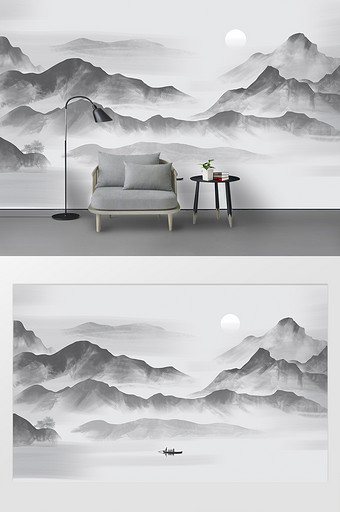 山水画新中式背景墙图片