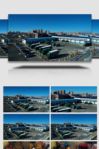 蓝天下的物流园区及仓库4k航拍图片
