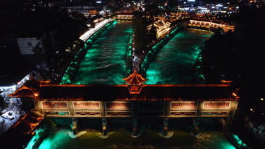 城市旅游都江堰南桥夜景灯光航拍