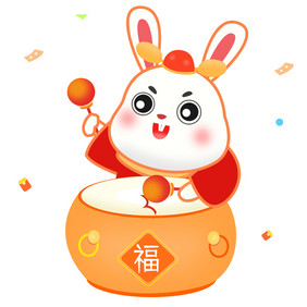 橙色卡通兔子新年打鼓GIF