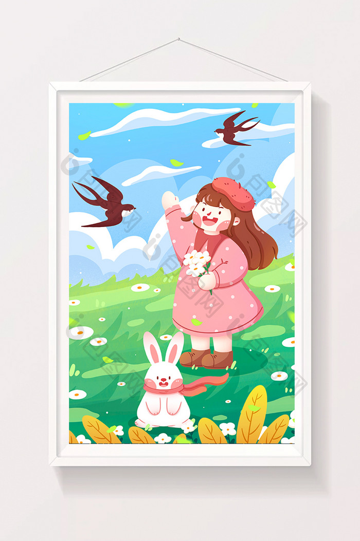 立春节气女孩与兔子清新插画