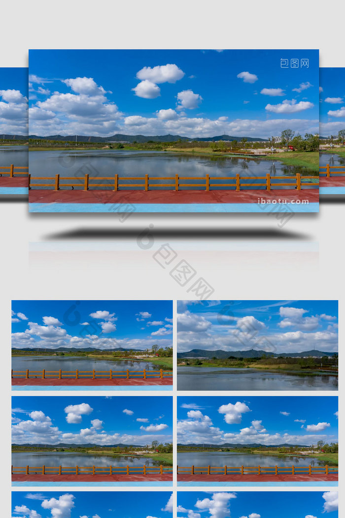 夏季公园湖泊蓝天白云延时实拍