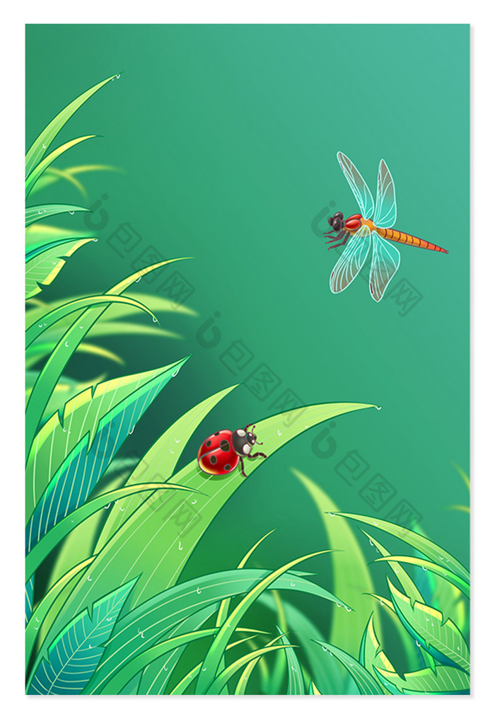 二十四节气惊蛰植物瓢虫蜻蜓绿色
