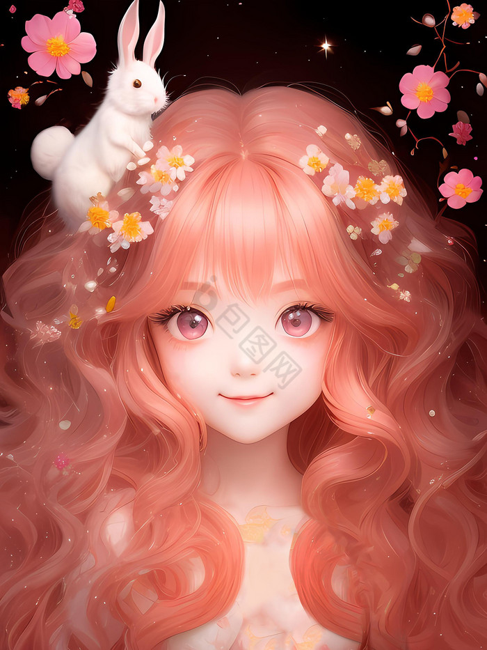 人物卷发女孩兔年白兔兔子图片