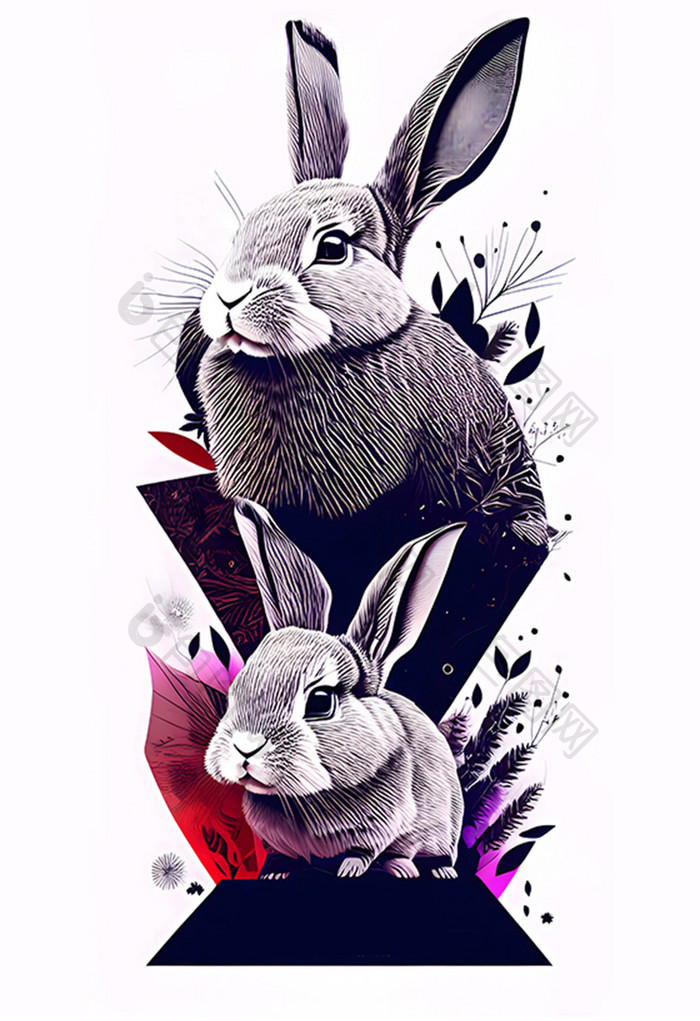 兔年铅笔黑白兔子木刻雕刻