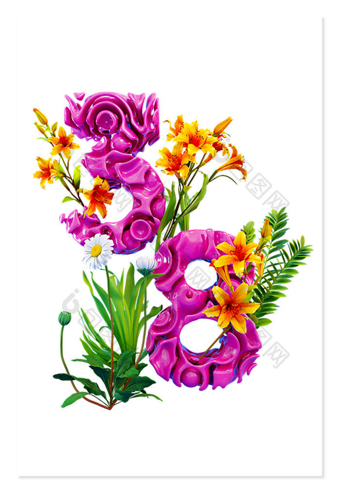 C4D妇女节创意鲜花字体元素
