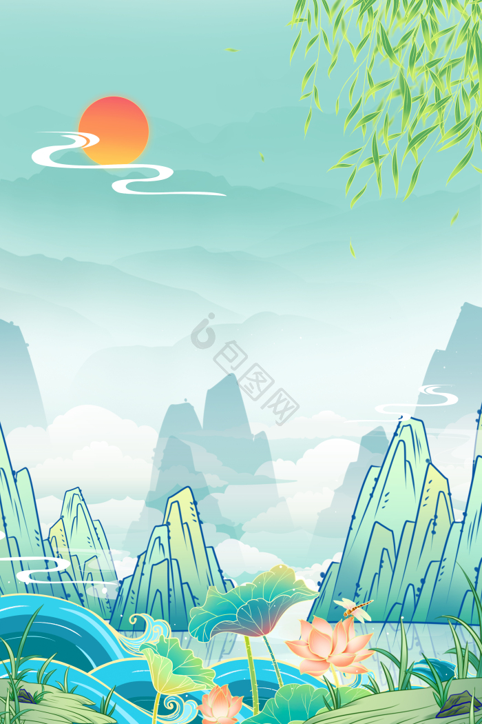 山水插画模板-包图网