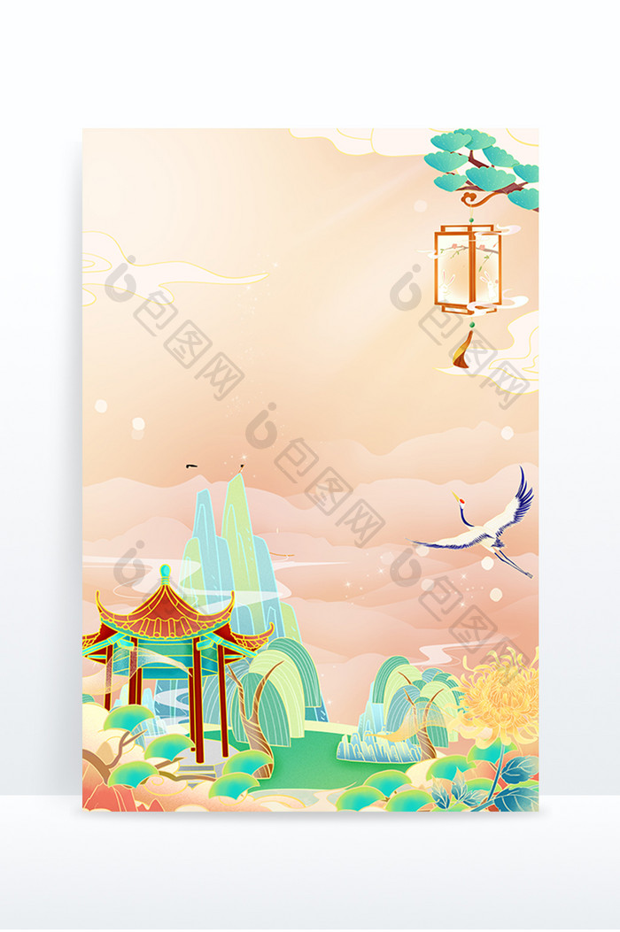 国潮山水插画建筑中国风仙鹤背景