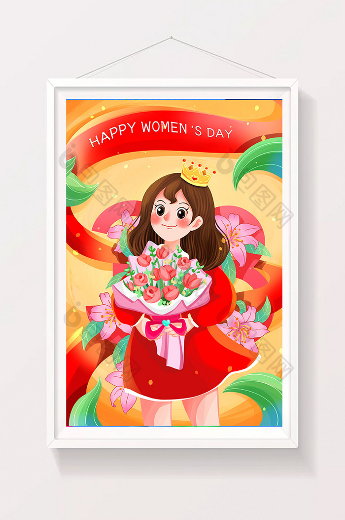 三八妇女节女性手捧鲜花插画图片图片