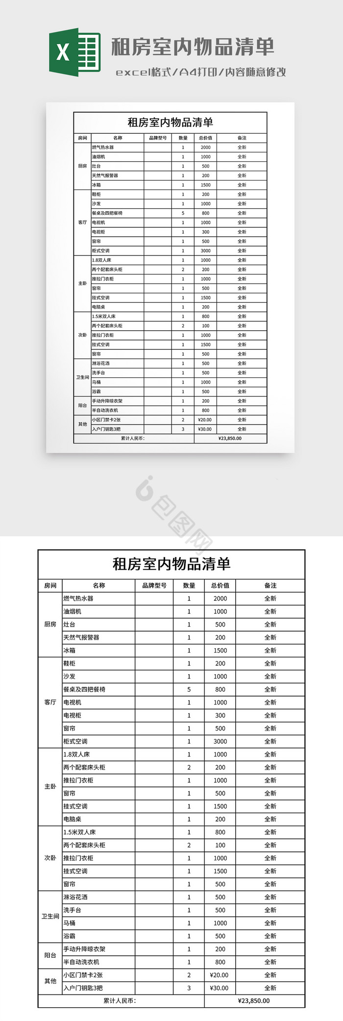 租房室内物品清单